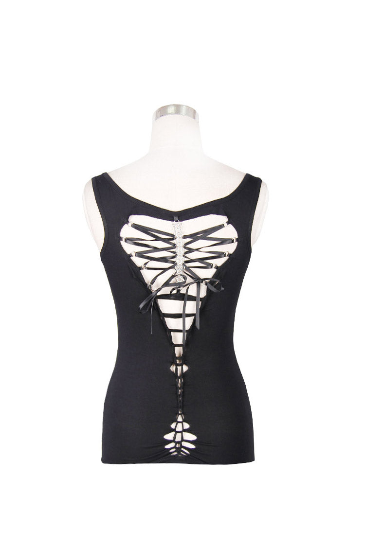 Black Lace Up Back Heart Shaped Hollow Knitting Chain Women's Punk Vest