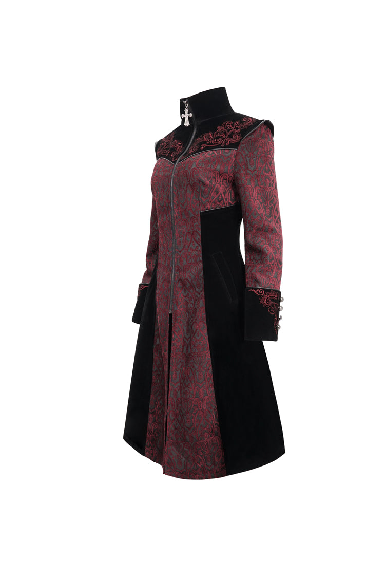 Red Jacquard Studded Mushroom Buckle Metal Cross Embroidered Women's Gothic Coat