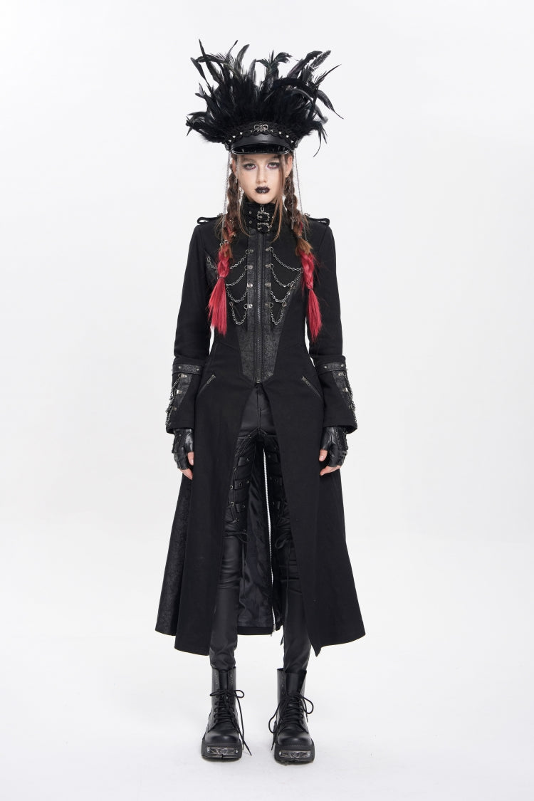 Black Stand Collar Long Sleeves Buckle Chain Women's Punk Jacket