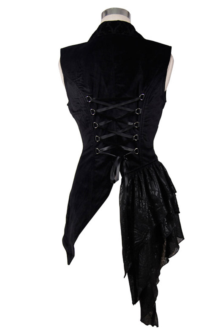 Black Spun Velvet Chinese Frog Button Floral Spiral Pattern Asymmetrical Hem Lace Up Women's Gothic Waistcoat
