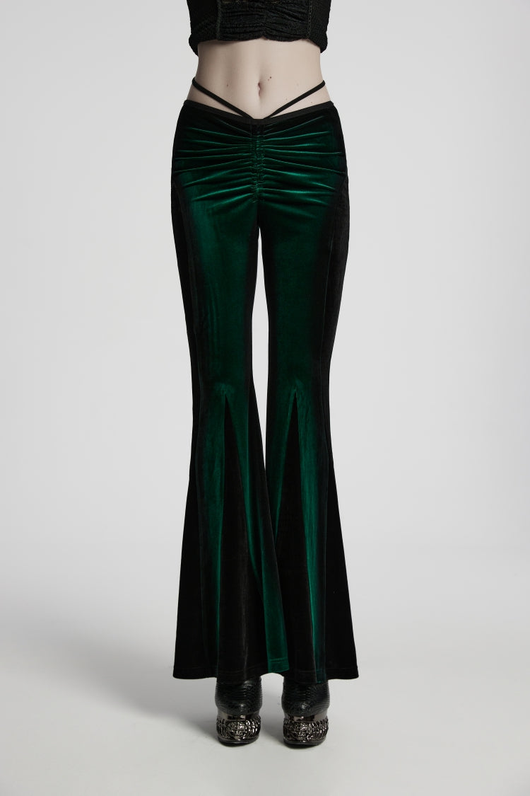 Grüne, schmal geschnittene, plissierte Damen-Gothic-elegante Schlaghose aus Samt mit Kordelzug