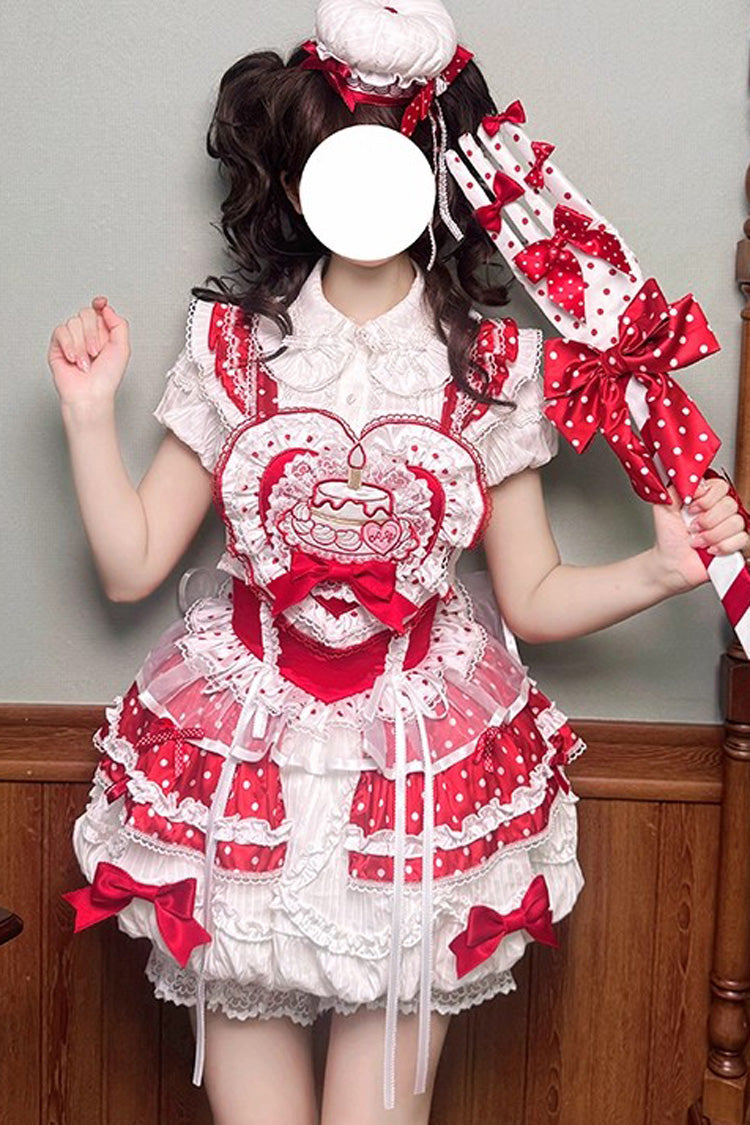 Red/White [Twin Bears] Birthday Cake Sleeveless Print Ruffle Bowknot Lace Sweet Lolita Small Flower Bud Dress