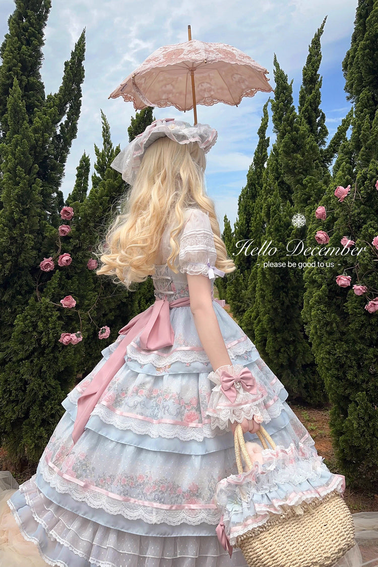 Multi-Color [Rose Flower Cage] Print Triple-Layered Ruffle Bowknot Sweet Elegant Lolita Jsk Dress