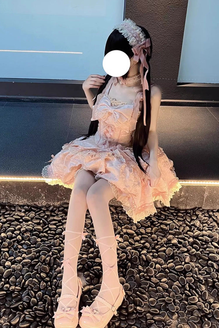 Pink [Floral Overture] Double-Layered Ruffle Embroidery Bowknot Lace Sweet Lolita Jsk Dress