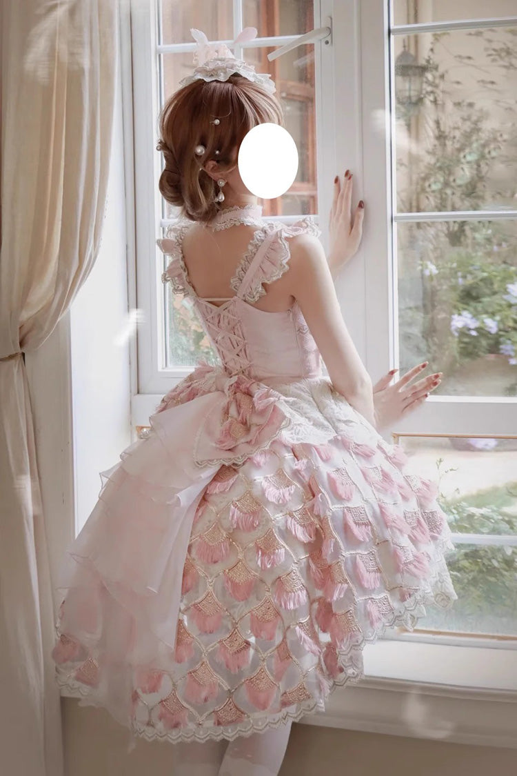 Pink [Peacock Feather] Multi-Layered Ruffle Hanayome Cardigan Bowknot Lace Sweet Lolita Jsk Dress Set
