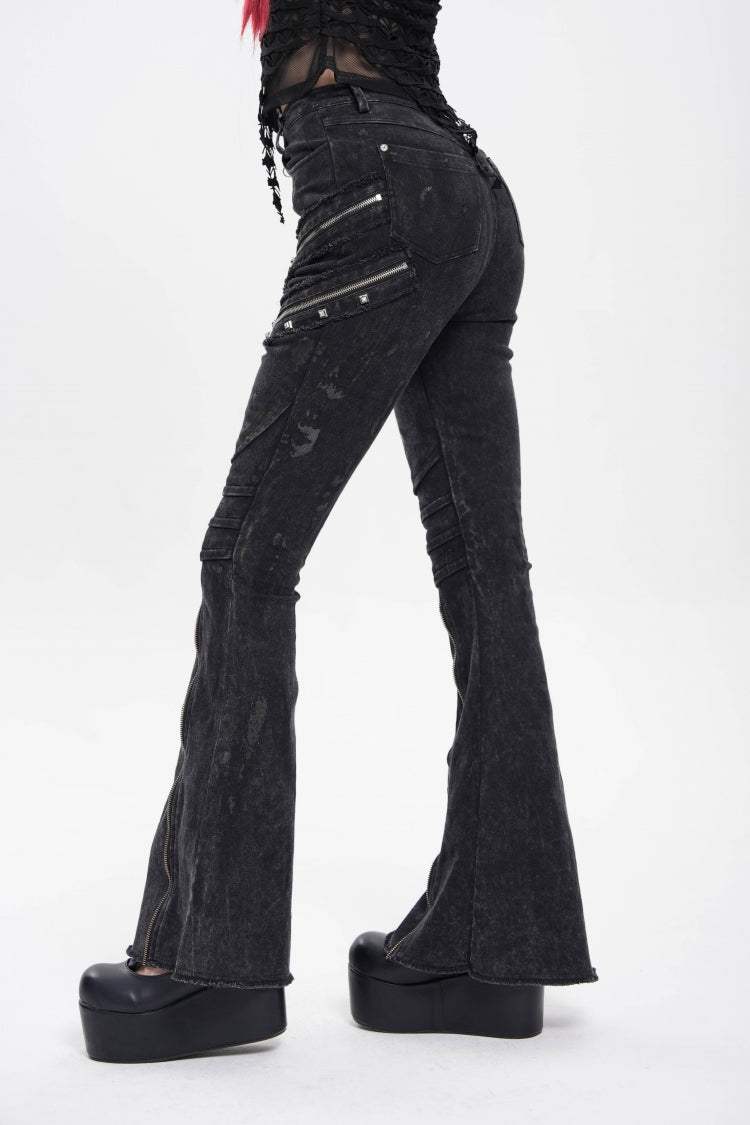 Black Zipper Pleated Women's Punk Flared Pants