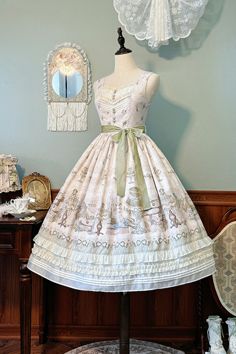 [Iris Study] V-Kragen Ärmellos Print Schleife Spitze Süßes Lolita Pullover Kleid 2 Farben