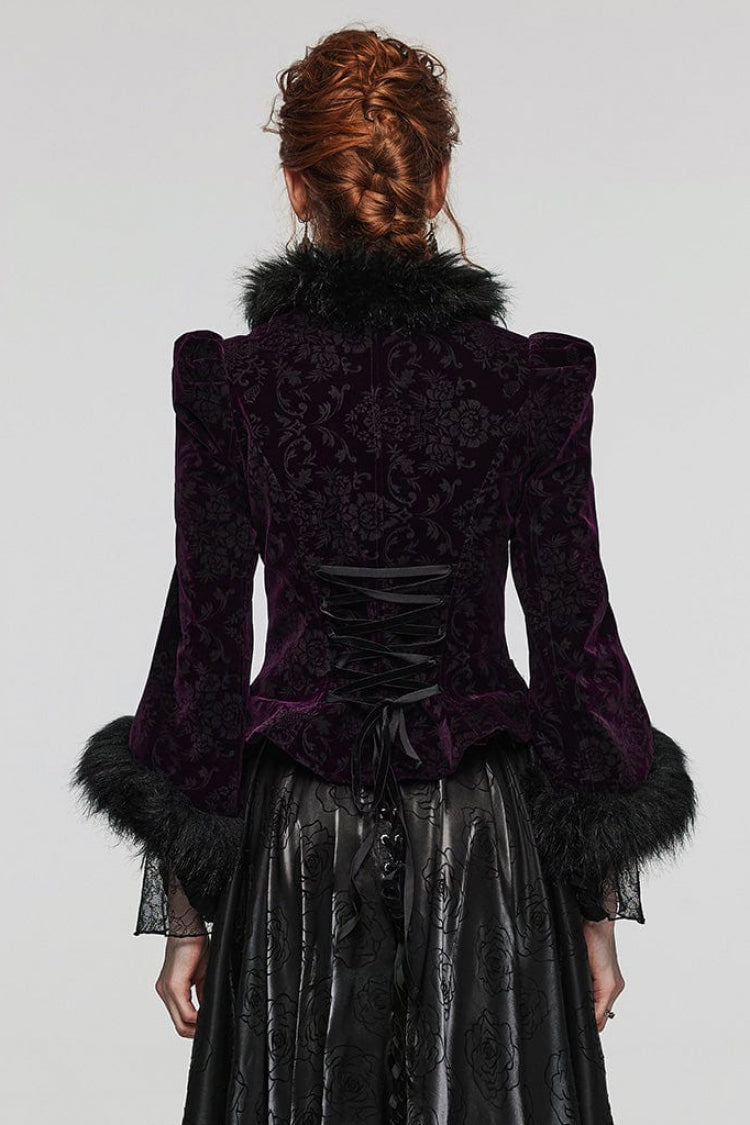 Women's V Collar Long Sleeves Faux Fur Stitching Gothic Coat 4 Colors