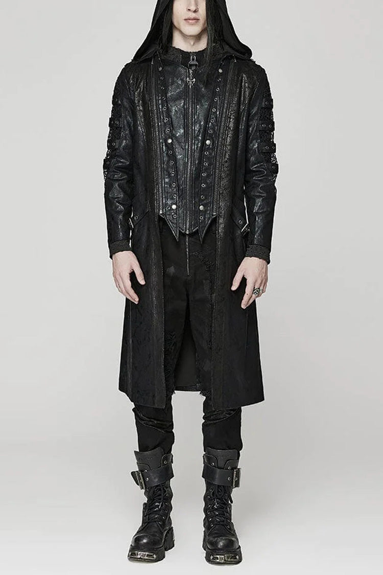 Black Crackled Mesh Hollow Stitching Hooded Mens Steampunk Coat