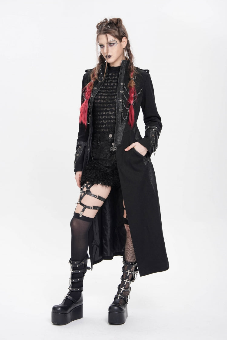 Black Stand Collar Long Sleeves Buckle Chain Women's Punk Jacket