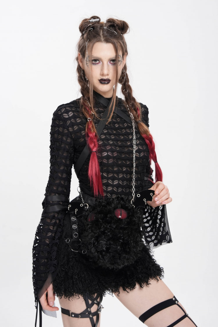 Black Stand Collar Long Sleeves Mesh Buckle Straps Women's Punk Blouse