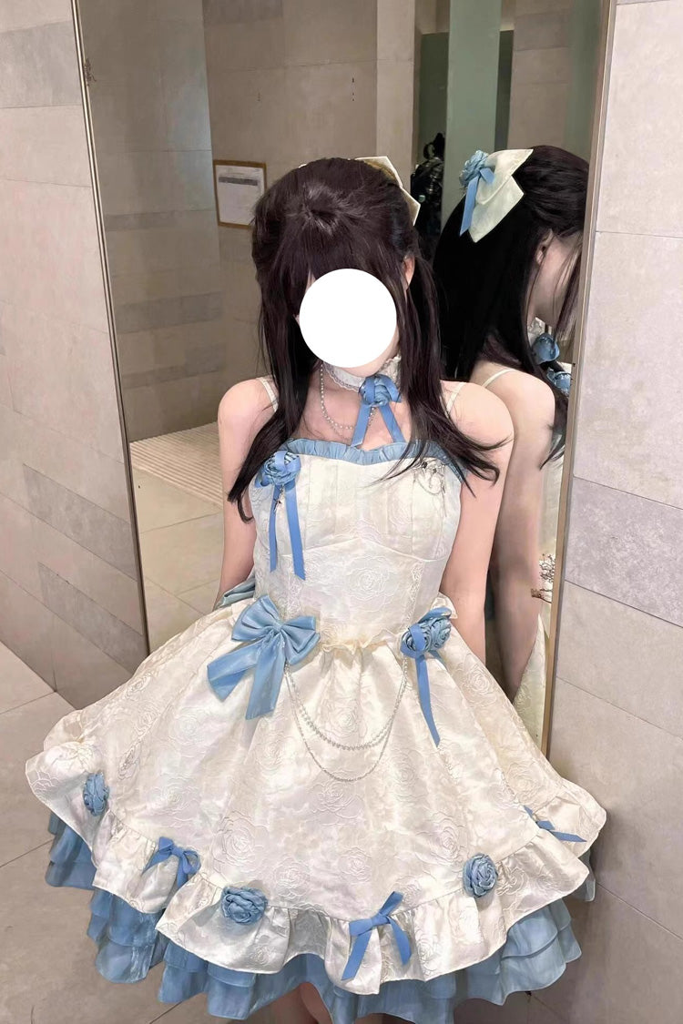 Apricot/Blue Print Ruffle Bowknot Sweet Princess Lolita Jsk Dress