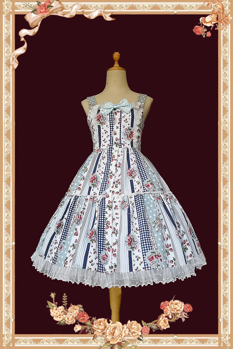 Light Blue Strawberry Plaid Print Bowknot Sleeveless Ruffle Sweet Lolita Dress