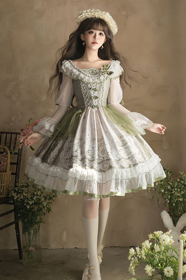 Green [Teacup Rabbit Little Fresh] Print Ruffle Bowknot Lace Lace-Up Sweet Lolita Jsk Dress