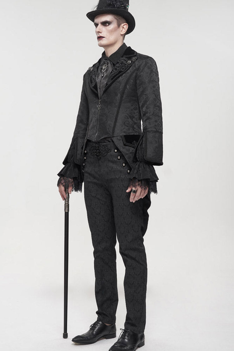 Black Gothic Embroidered Print Pattern Metal Pattern Buckle Decoration Trumpet Sleeve Men's Swallowtail Coat