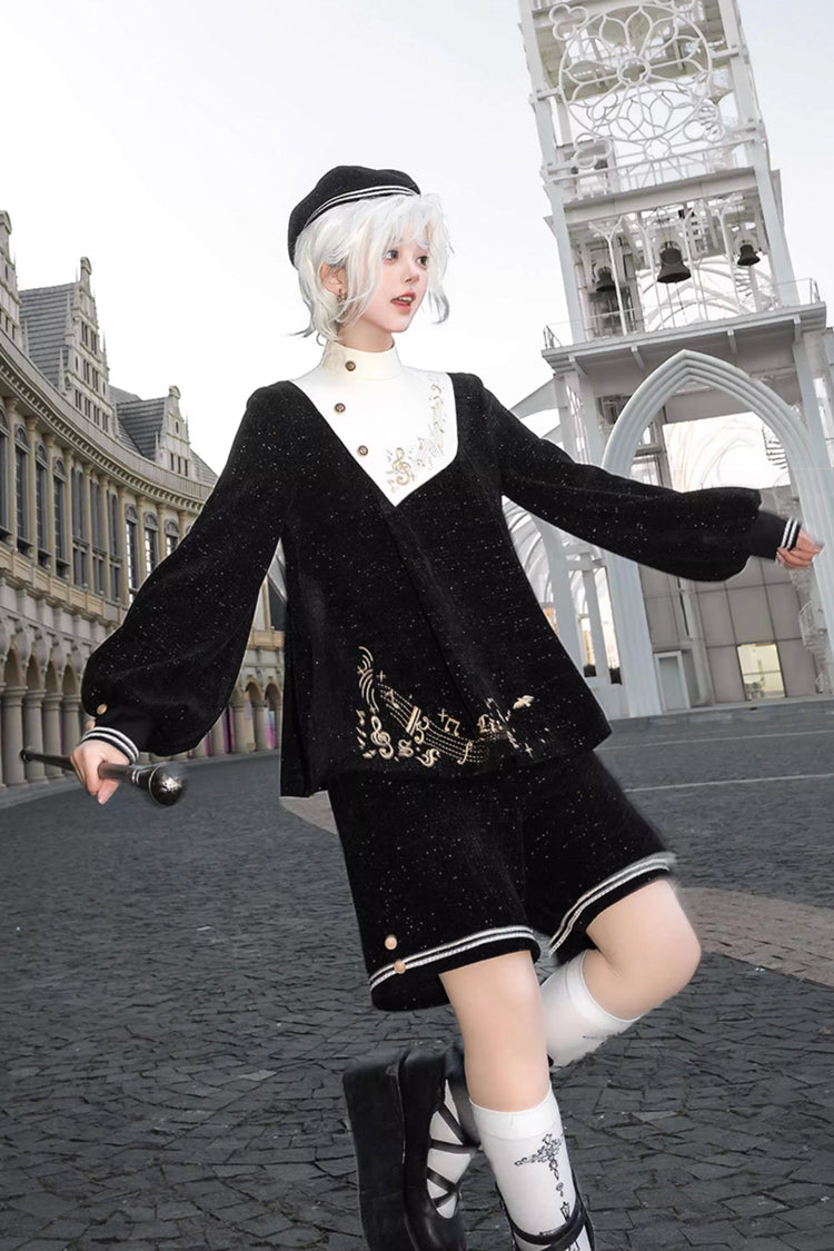 Black [Song Of Tomorrow] Long Sleeves Embroidery Asymmetric Gothic College Style Ouji Lolita Full Set