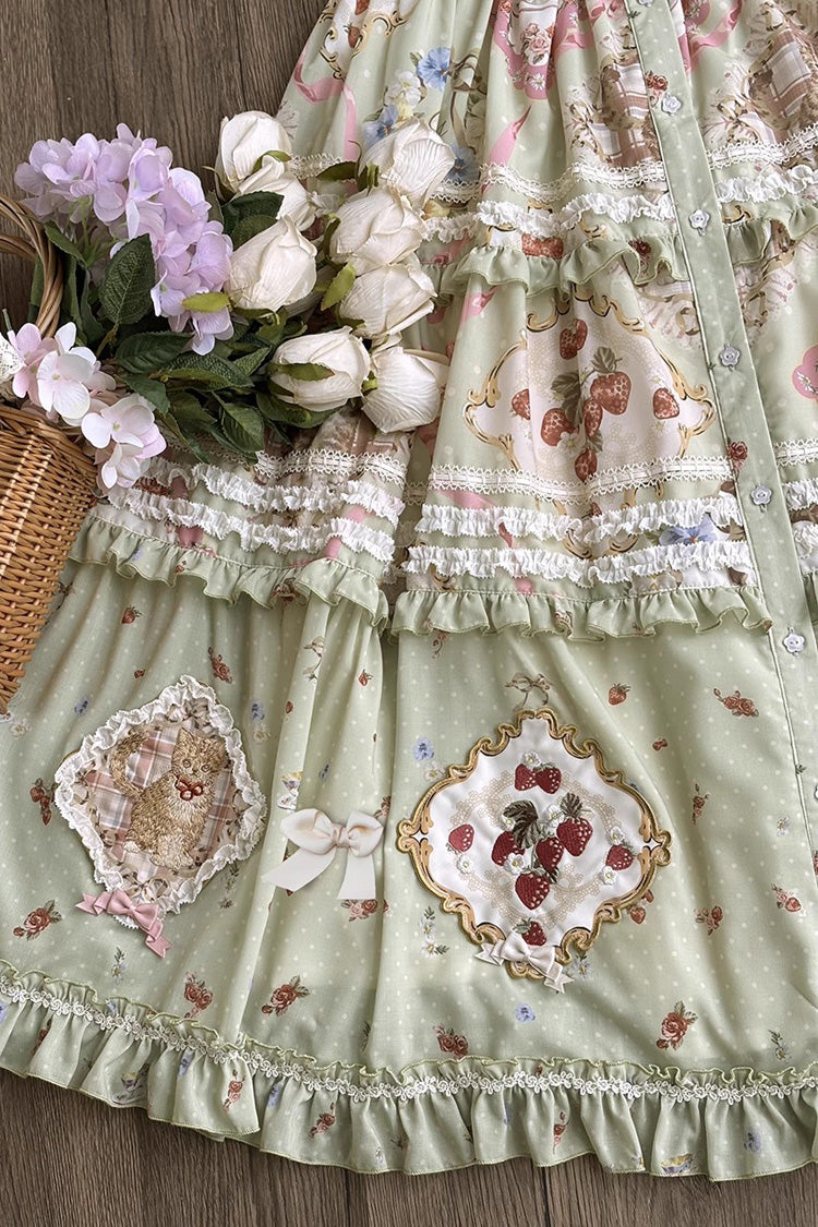 Jupe Lolita Mignonne et Superbe à Volants Imprimée Vert [Thé de Rose de Chat] 