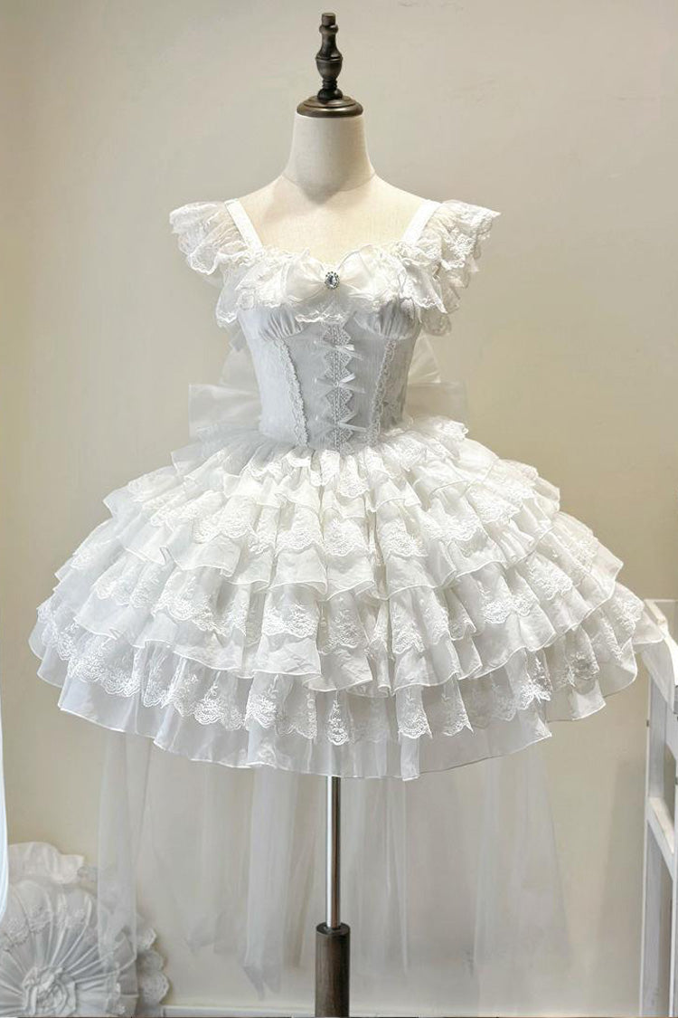 White [From Broken Wings to Rebirth] Sleeveless Multi-Layered Ruffle Bowknot Lace-Up Gothic Ballet Lolita Jsk Dress