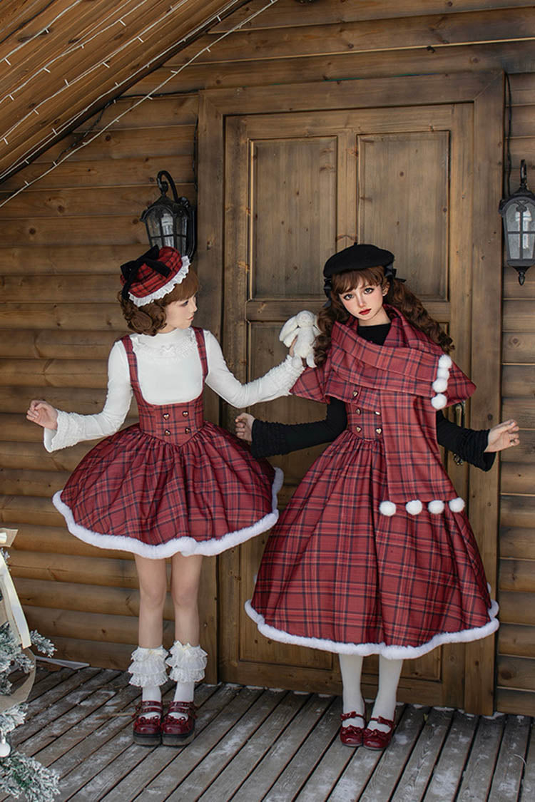 Red Striped Plaid Print Fall Winter Fishbone Sweet Corset Lolita Dress 2 Versions