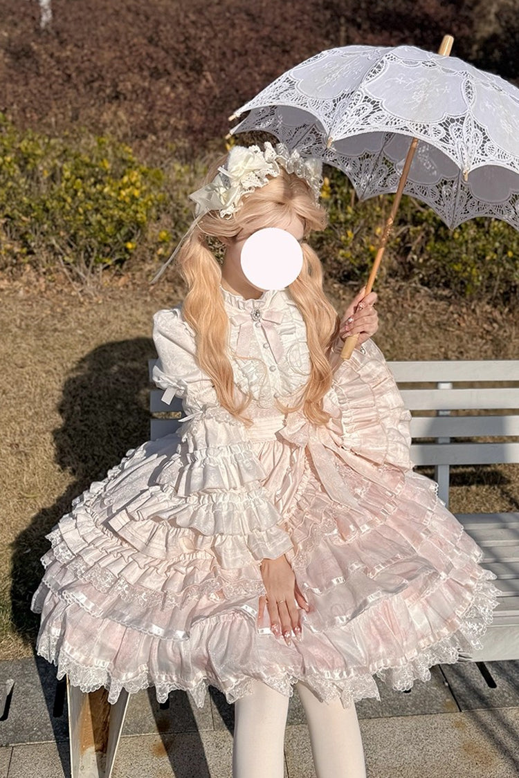 Pink [The Soloist Doll] Long Hime Sleeves Multi-Layered Print Ruffle Bowknot Asymmetric Sweet Lolita Dress