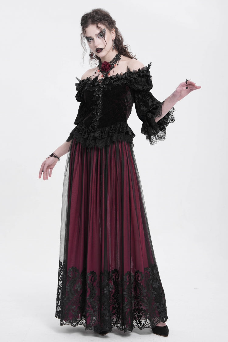 Red Stitching Floral Mesh Women's Gothic Skirt
