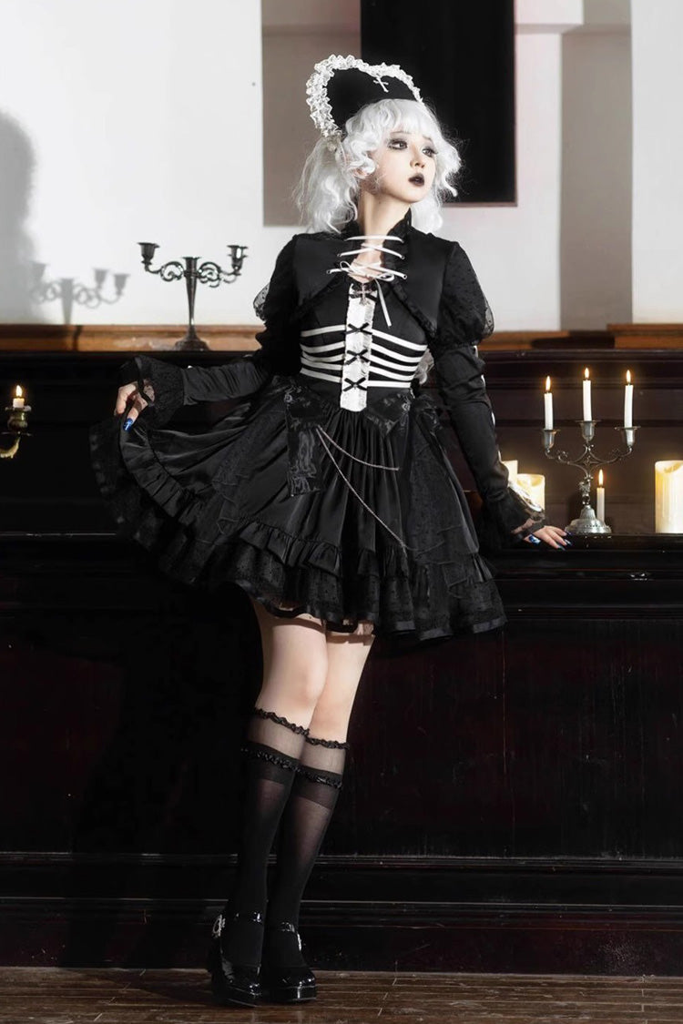 Black Prisoner Illusion Long Sleeves Multi-layer Ruffle Bowknot Gothic Princess Lolita Jsk Dress