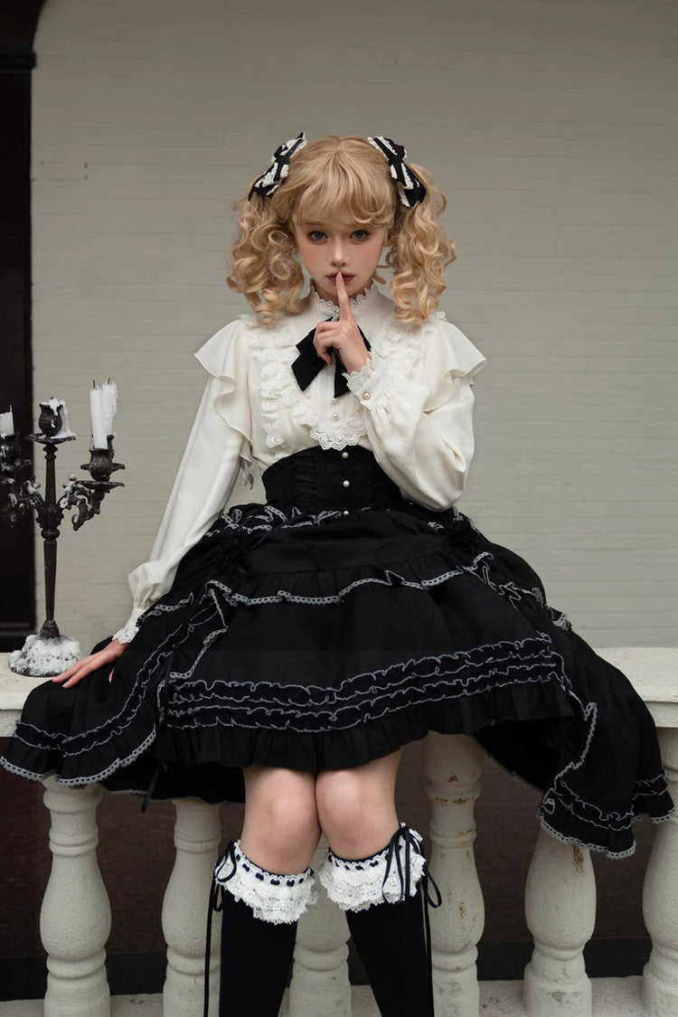 Black Late Night Castle Print Ruffle Gothic Lolita Skirt