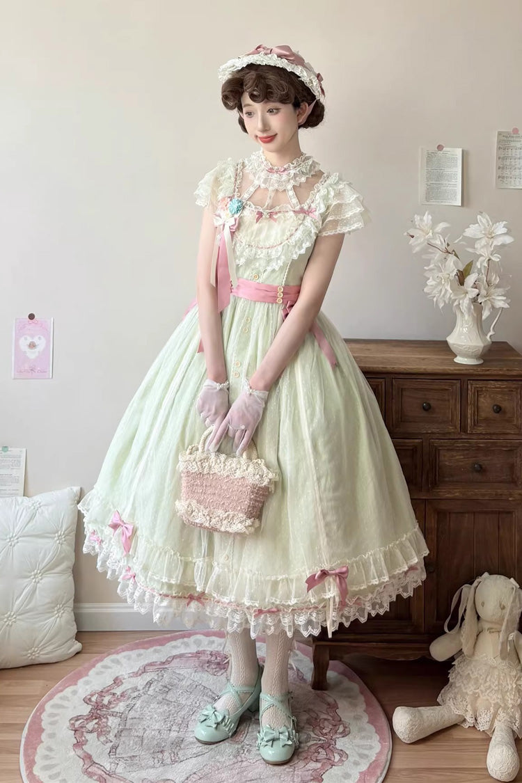 Green [Sakura’s Spring Resonance] Sleeveless Ruffled Bow Sweet Lolita Jsk Dress (Long Version)