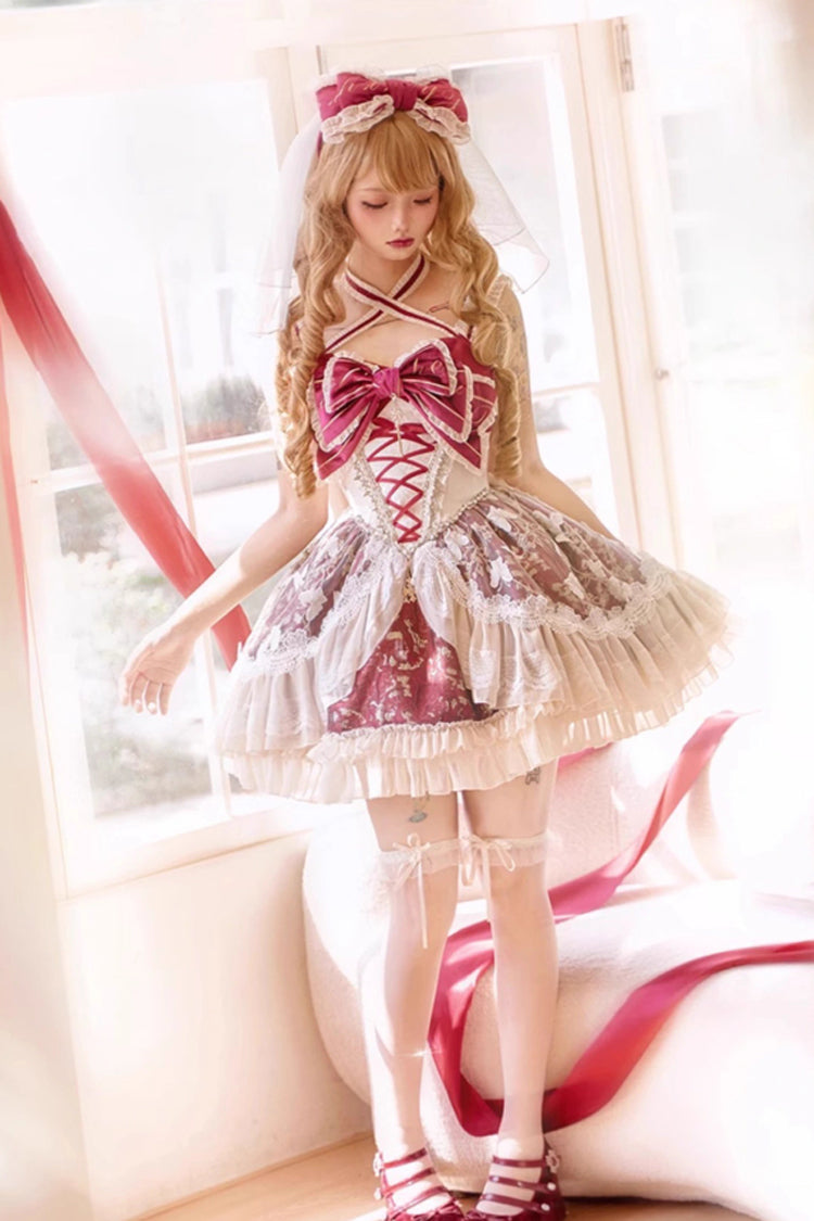 レッド [Lilibet] プリント フリル カーディガン 蝶結び レース フィッシュボーン スイート ロリータ ドレス