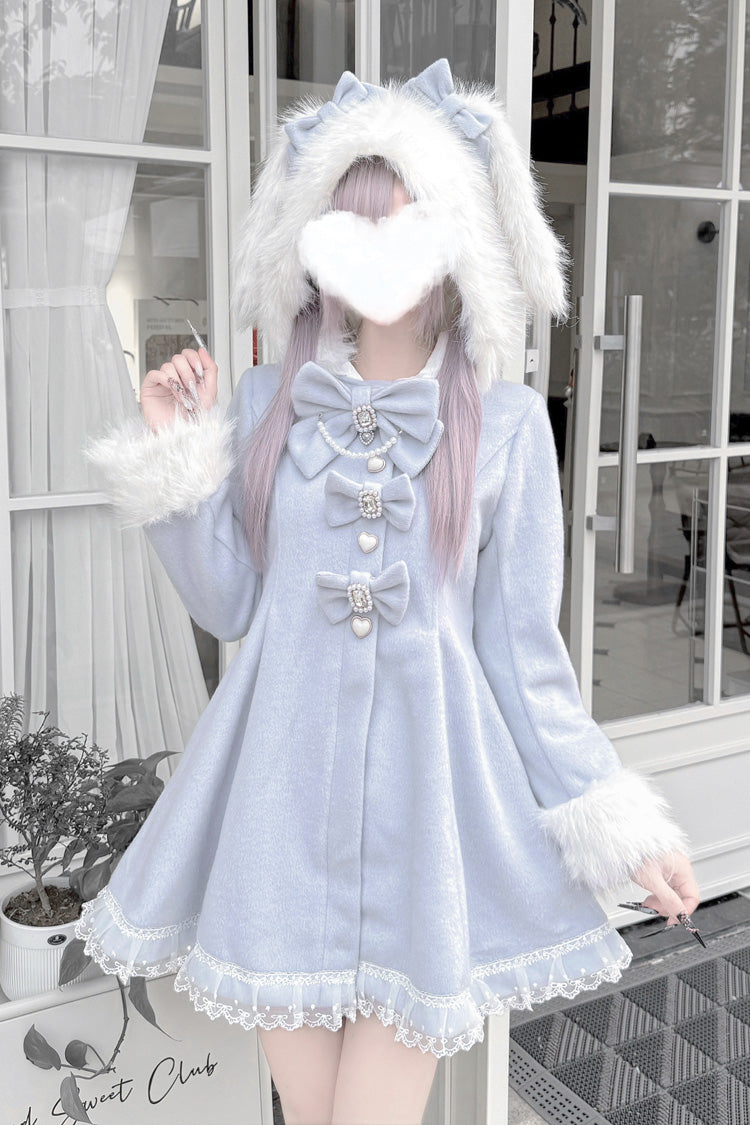 Aqua Long Sleeves Bowknot Rabbit Ears Detachable Hooded Japanese Jirai Kei Coat