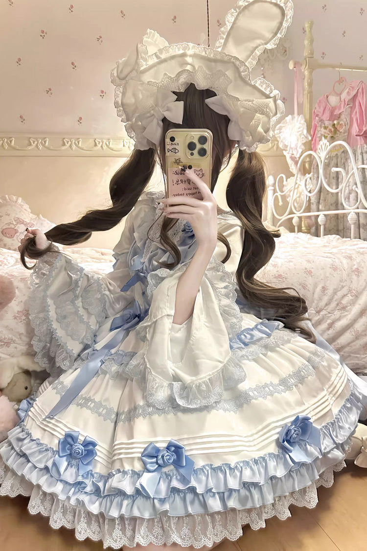 Robe Sweet Lolita à manches courtes avec nœud en dentelle et volants, couleur blanc/bleu [glace au sel de mer en couches] 