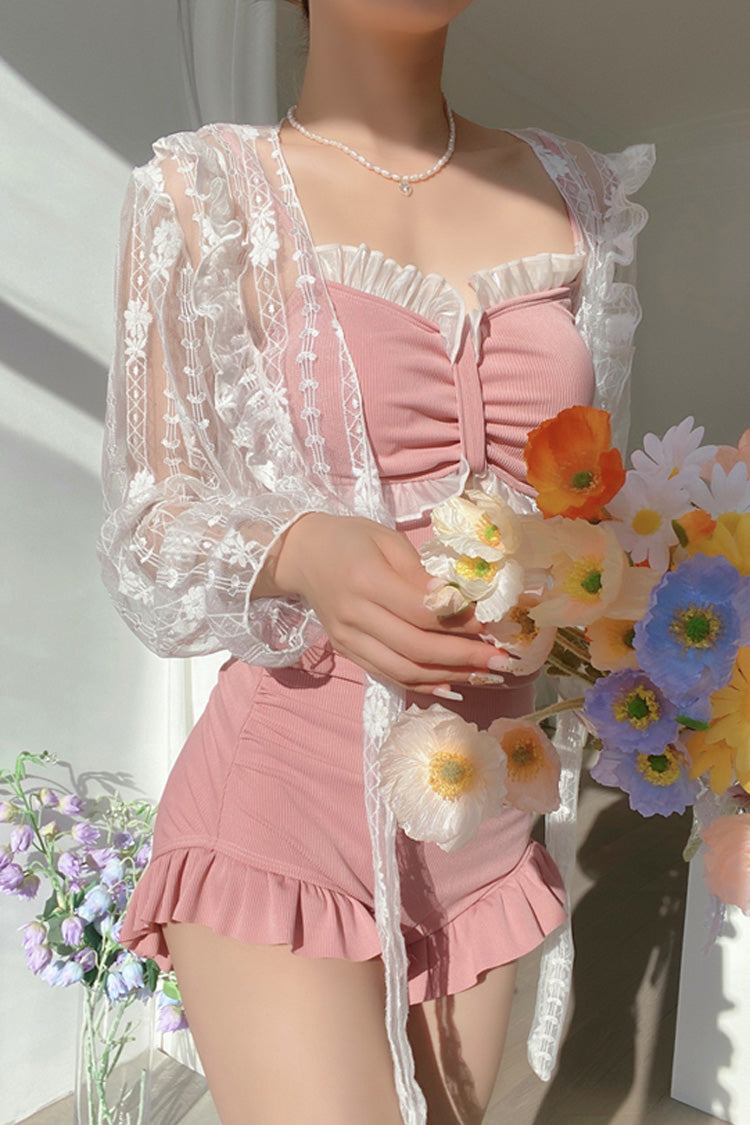 Pink Sleeveless Ruffle Cute Sweet Lolita Strapless One Piece Swimsuit