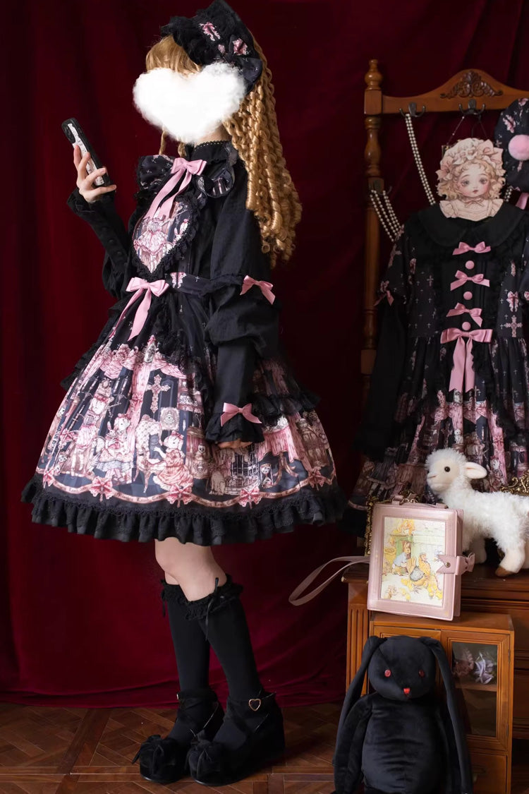 Black [The Case of the Missing Lamb] Print Ruffle Bowknot Lace Gothic Lolita SK Skirt