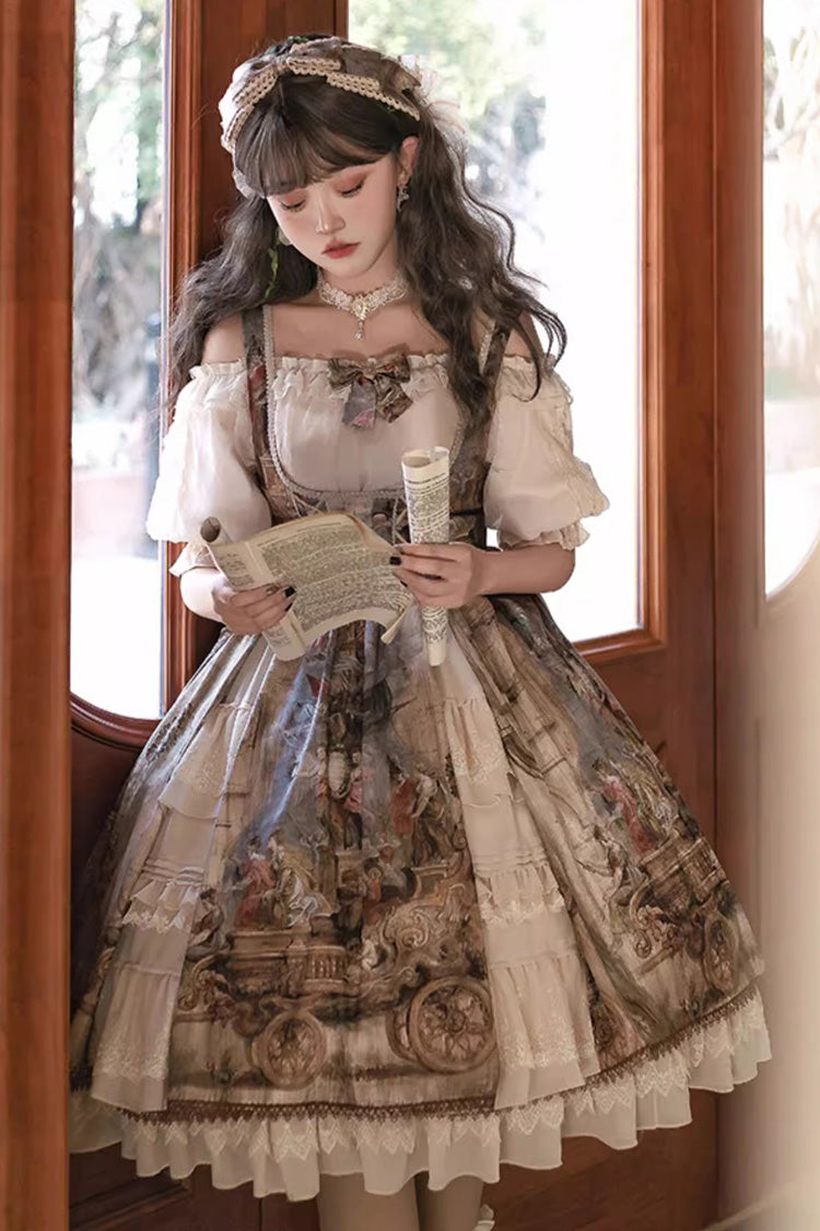 Brown [Cloria] Oil Painting Print Bowknot Lace Sweet Elegant Palace Lolita Jsk Dress