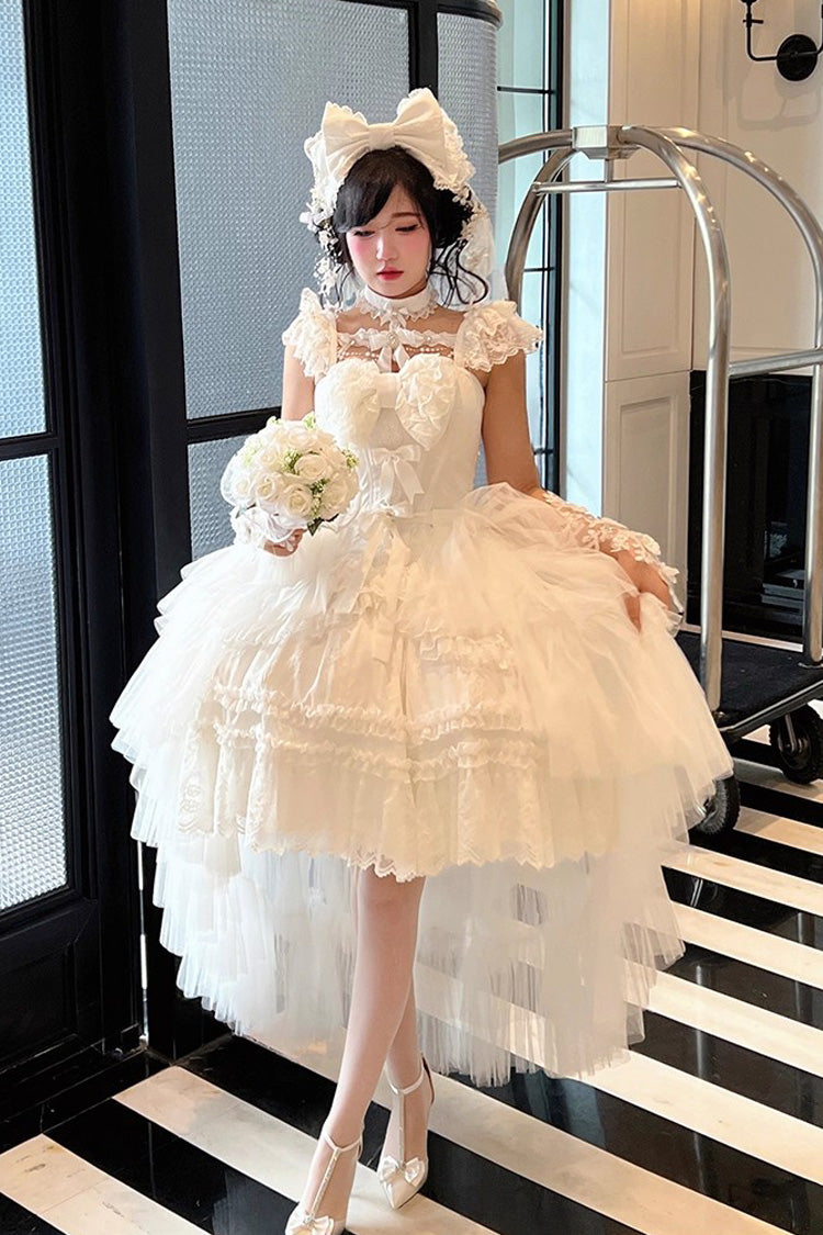White [Jewelry Love Story] Halterneck Ruffle Hanayome Bowknot Lace Gothic Lolita Dress