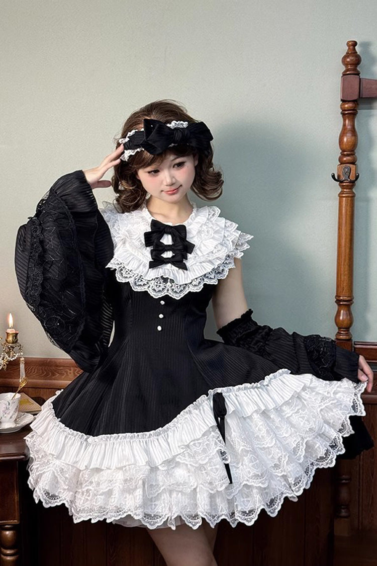Black/White [Miss Tsundere] Sleeveless Multi-Layered Ruffle Bowknot Lace Asymmetric Sweet Princess Lolita Dress