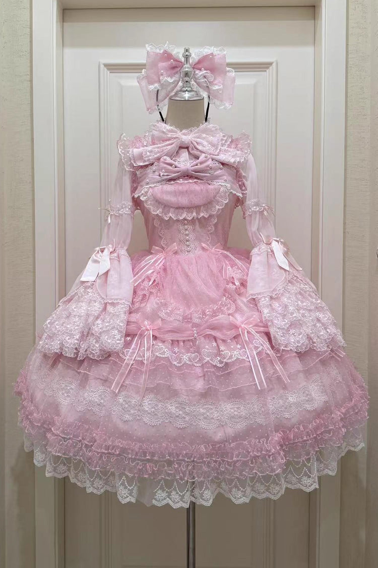 Pink [Sugar Heart Knot] Multi-Layered Ruffled Bow Lace Sweet Lolita Jsk Dress
