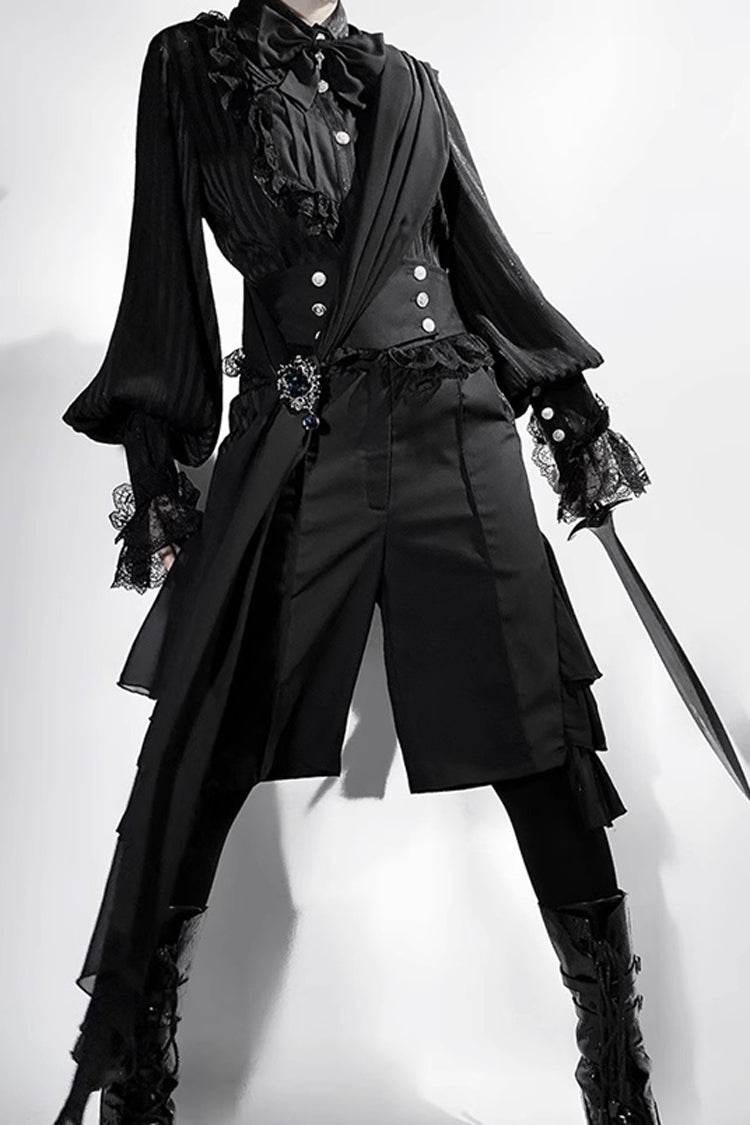 Black [Eternal City] Long Sleeves Lace Gothic Prince Medieval Ouji Lolita Blouse Knee-Length Shorts Set