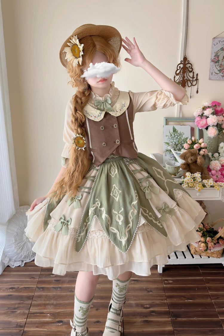 Green [The Wizard of Oz] Multi-Layered Print Ruffle Bowknot Sweet Lolita Dress Three Piece Set