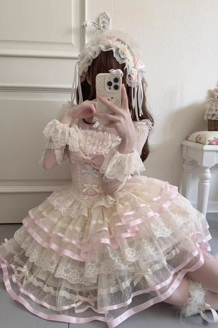 Pink [Butterfly Heart Ballet] Triple-Layered Ruffle Bowknot Lace Sweet Ballet Lolita Jsk Dress
