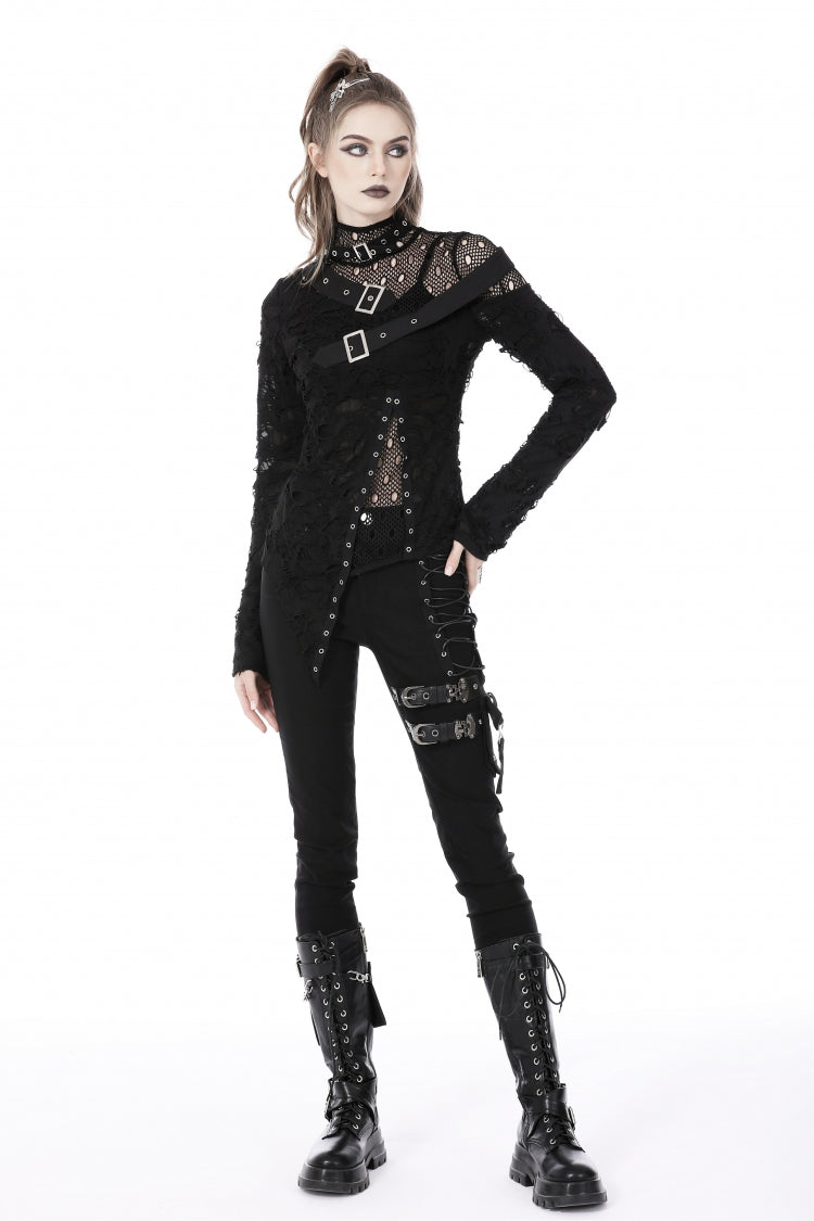Black Women's Punk Long Sleeves Buckled Asymmetric Ripped Sheer Mesh Splice Top