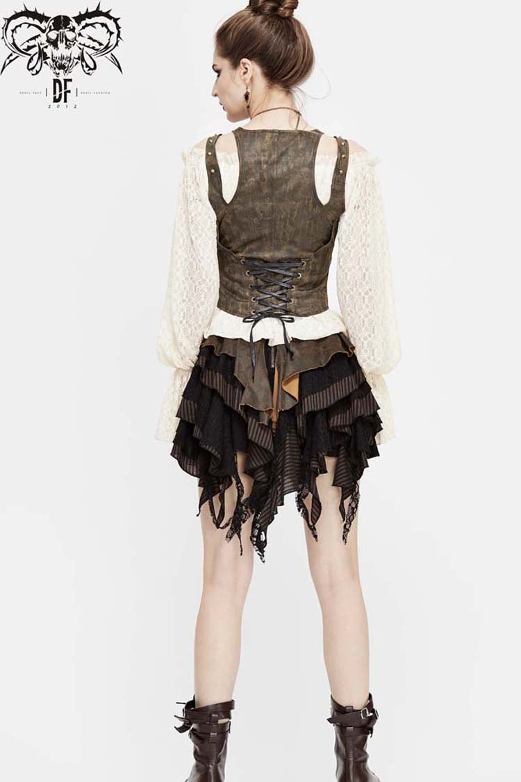 Brown Lace Up Chest Hollow Steel Buckle Rivet Strap Women's Punk Waistcoat