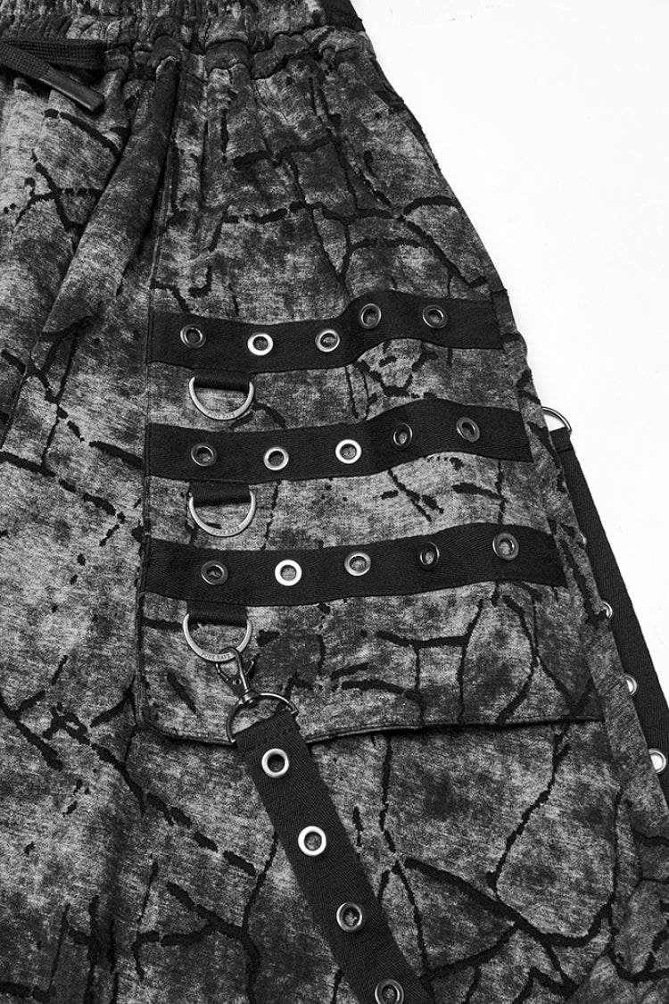 Black/Grey Tie-dyed Sagging Men's Punk Pants with Staps