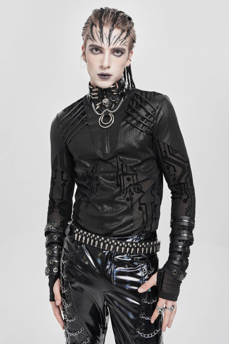 Black Long Sleeves Circuit Board Print Men's Punk Blouse
