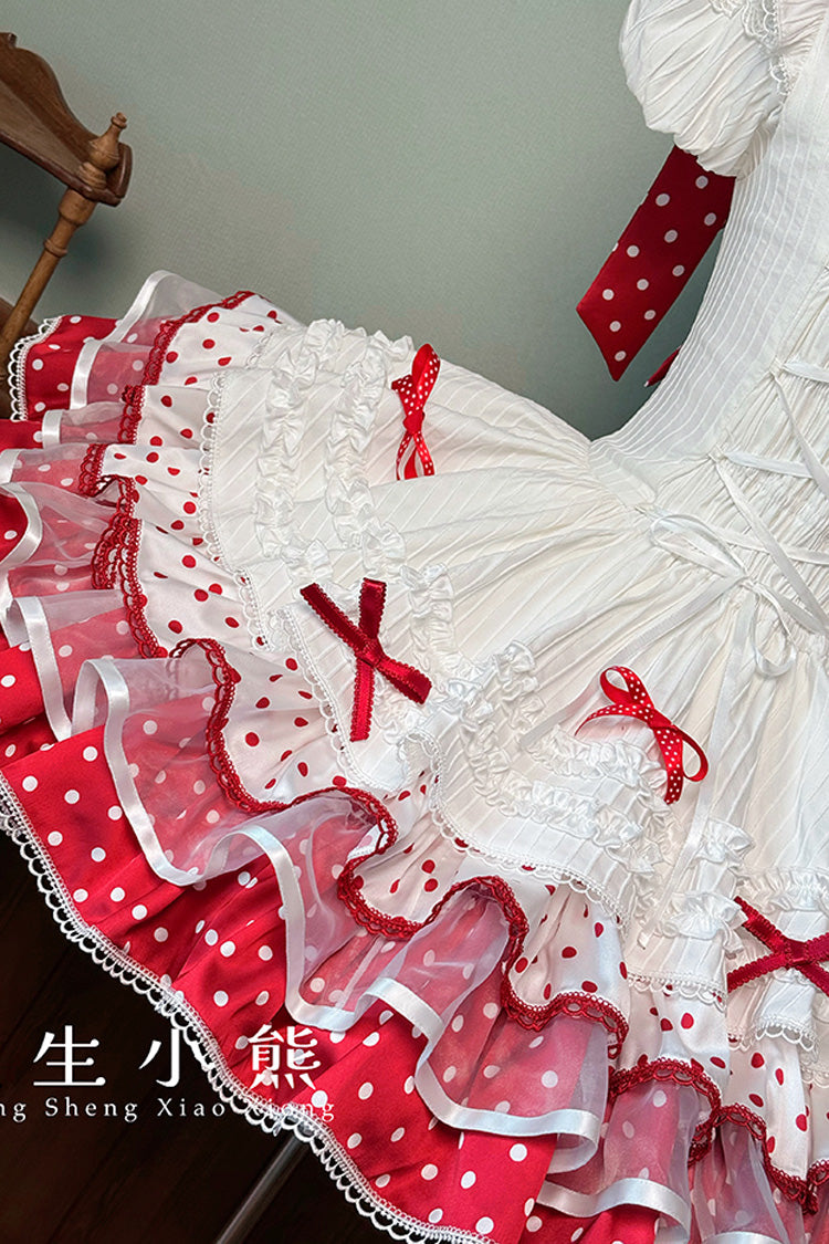 Red/White [Twin Bears] Sleeveless Triple-Layered Print Ruffle Bowknot Lace Sweet Lolita Jsk Dress