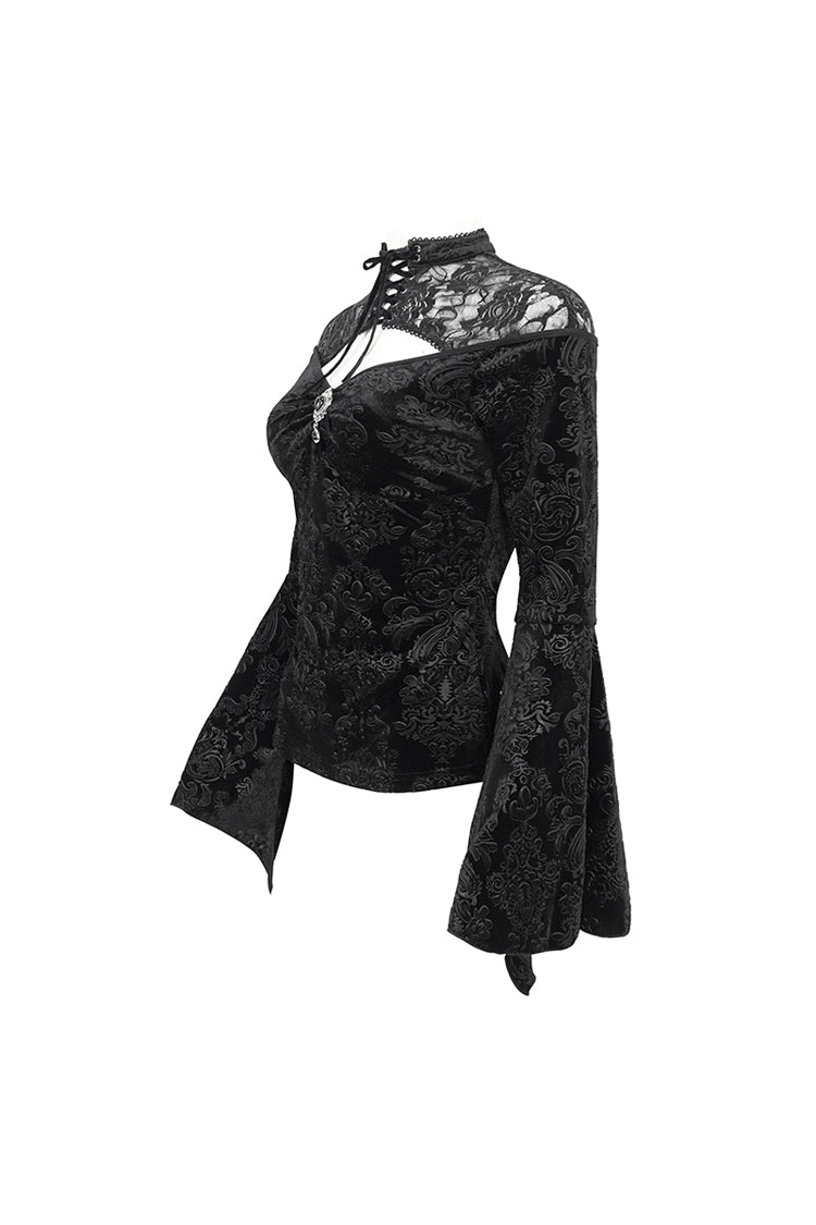 Black Lace Cutout Round Collar Flared Sleeved Floral Embossed Women's Gothic Shirt