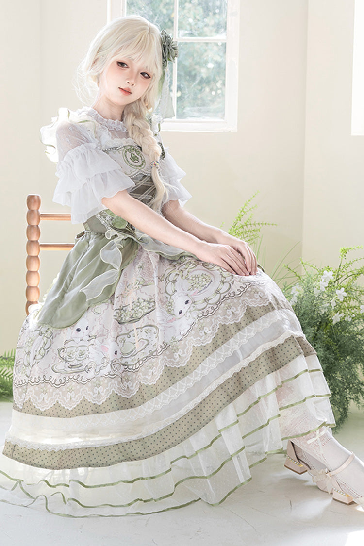 Green [Teacup Rabbit] Multi-Layered Print Ruffle Embroidery Bowknot Lace Asymmetric Sweet Elegant Lolita Jsk Dress