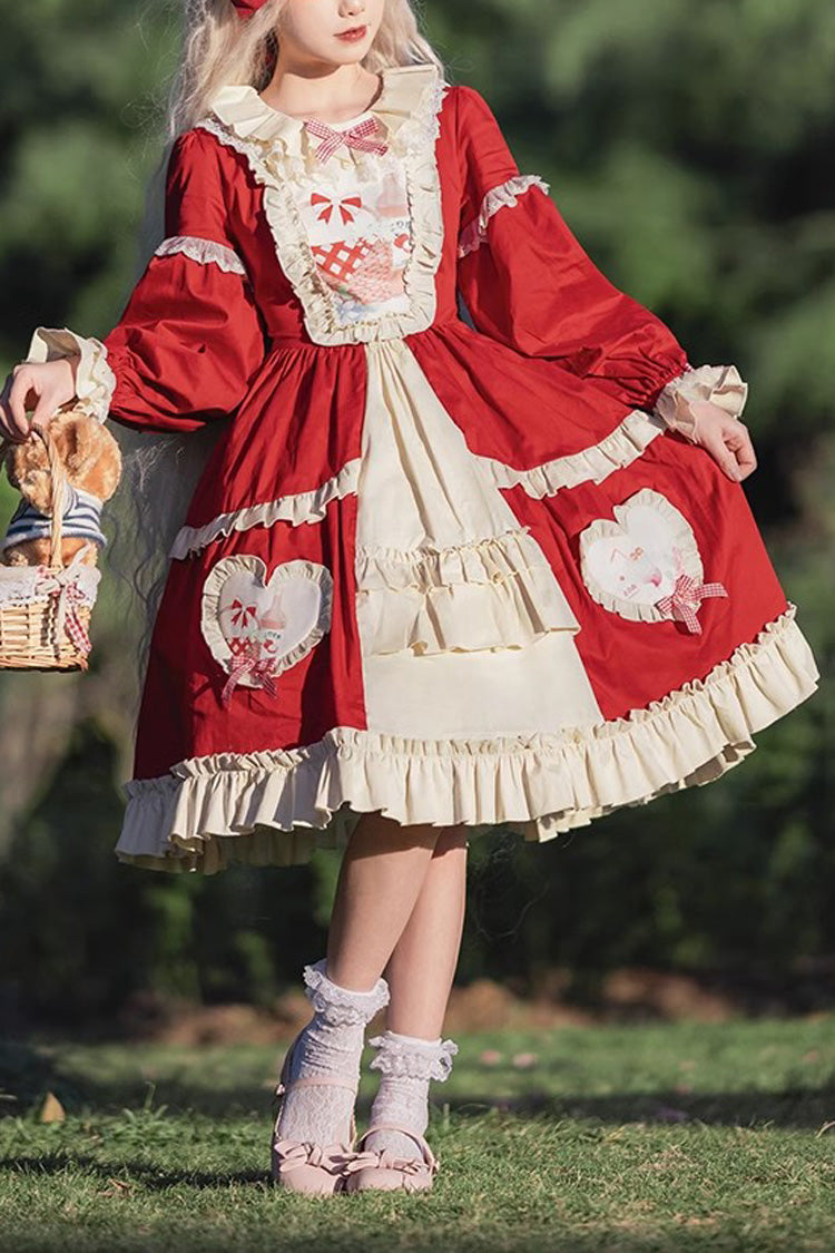 Red Cider House Long Sleeves Print Ruffle Cardigan Bowknot Sweet Lolita Dress