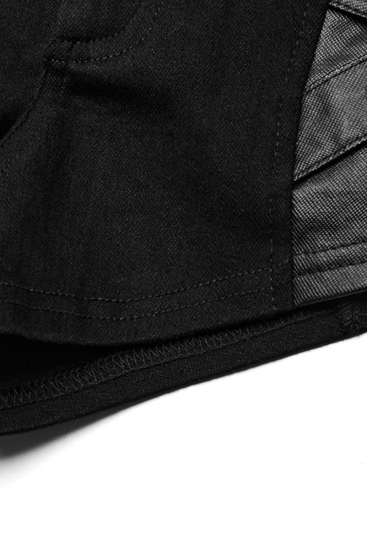 Black Faux Leather Stitching Mesh Eyelet Women's Punk Ring Shorts