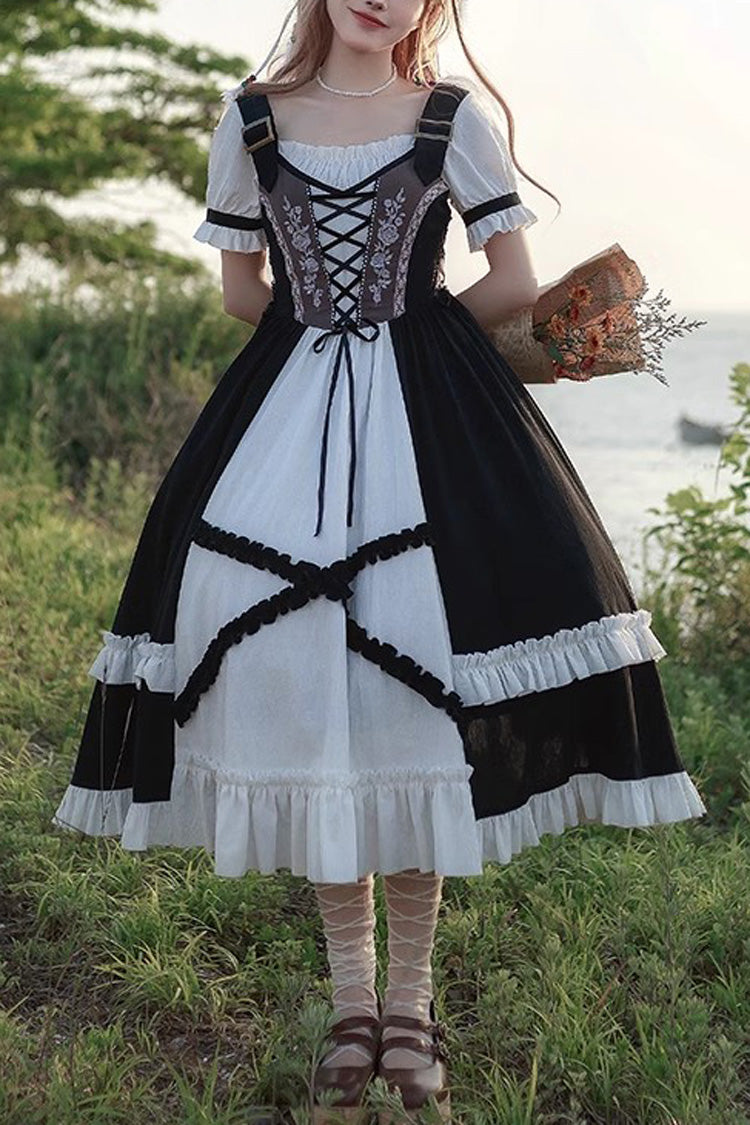 ブラック/ホワイトバイエルンスタイルローズ刺繍半袖スウィートロリータドレス
